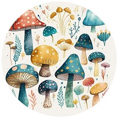 Mushroom Forest Fantasy Flower Nature Wooden Puzzle Round by Bangk1t