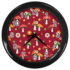 Woodland Mushroom And Daisy Seamless Pattern On Red Backgrounds Wall Clock (black) by Amaryn4rt