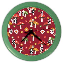 Woodland Mushroom And Daisy Seamless Pattern On Red Backgrounds Color Wall Clock by Amaryn4rt