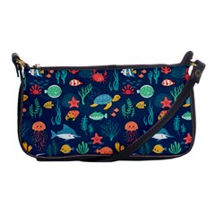 Variety Of Fish Illustration Turtle Jellyfish Art Texture Shoulder Clutch Bag by Grandong