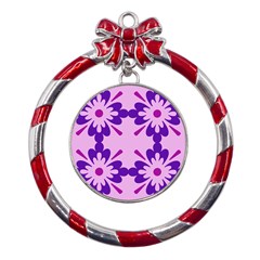 Pink And Purple Flowers Pattern Metal Red Ribbon Round Ornament by shoopshirt