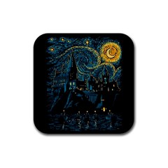 Castle Starry Night Van Gogh Parody Rubber Square Coaster (4 Pack) by Sarkoni