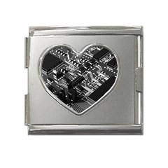 Black And Gray Circuit Board Computer Microchip Digital Art Mega Link Heart Italian Charm (18mm) by Bedest