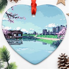 Japanese Themed Pixel Art The Urban And Rural Side Of Japan Ornament (heart) by Sarkoni