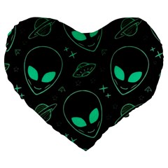 Alien Green Black Pattern Large 19  Premium Flano Heart Shape Cushions by Ndabl3x