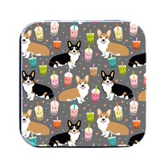 Welsh Corgi Dog Boba Tea Bubble Kawaii Square Metal Box (black) by Grandong