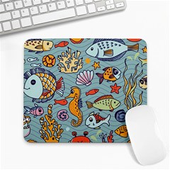 Cartoon Underwater Seamless Pattern With Crab Fish Seahorse Coral Marine Elements Large Mousepad by uniart180623