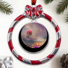 Floral Blossoms  Metal Red Ribbon Round Ornament by Internationalstore