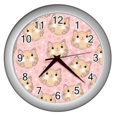 Cat Pattern Pink Cartoon Wall Clock (silver) by Pakjumat