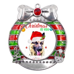 German Shepherd T- Shirt Cute German Shepherd Dog T- Shirt (1) Metal X mas Ribbon With Red Crystal Round Ornament by ZUXUMI