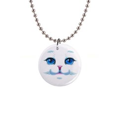 Cute White Cat Blue Eyes Face 1  Button Necklace by Ket1n9