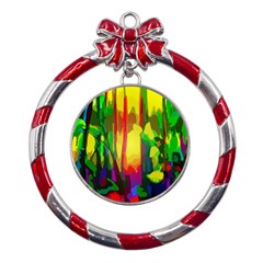 Abstract-vibrant-colour-botany Metal Red Ribbon Round Ornament by Ket1n9