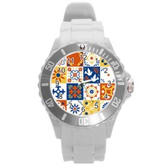 Mexican-talavera-pattern-ceramic-tiles-with-flower-leaves-bird-ornaments-traditional-majolica-style- Round Plastic Sport Watch (l) by Ket1n9