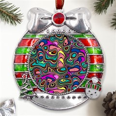 Bending Rotate Distort Waves Metal X mas Ribbon With Red Crystal Round Ornament by Ravend