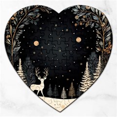 Christmas Winter Xmas Scene Nature Forest Tree Moon Jigsaw Puzzle (heart) by Vaneshop