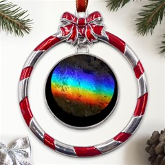 Rainbow-color-prism-colors Metal Red Ribbon Round Ornament by Amaryn4rt