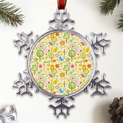 Nature Doodle Art Trees Birds Owl Children Pattern Multi Colored Metal Large Snowflake Ornament by Pakjumat