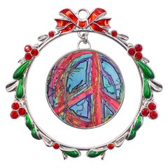 Hippie Peace Sign Psychedelic Trippy Metal X mas Wreath Ribbon Ornament by Modalart