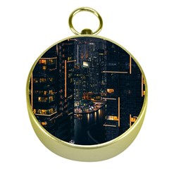 Photo Of Buildings During Nighttime Gold Compasses by Modalart