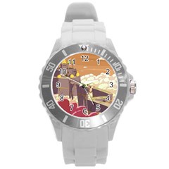 Animated Castle Illustration Adventure Time Cartoon Nature Round Plastic Sport Watch (l) by Sarkoni