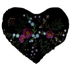 Embroidery Trend Floral Pattern Small Branches Herb Rose Large 19  Premium Flano Heart Shape Cushions by Ndabl3x