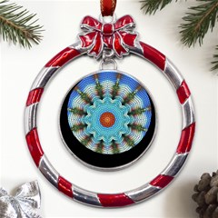 Pattern Blue Brown Background- Metal Red Ribbon Round Ornament by Amaryn4rt