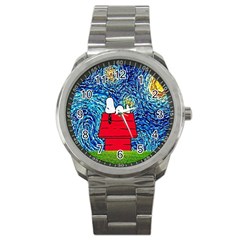 Cartoon Dog Starry Night Van Gogh Parody Sport Metal Watch by Modalart