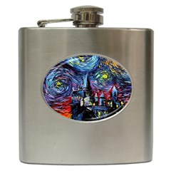 Castle Hogwarts Starry Night Print Van Gogh Parody Hip Flask (6 Oz) by Modalart