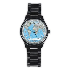 Blue White And Green World Map National Geographic Stainless Steel Round Watch by Pakjumat