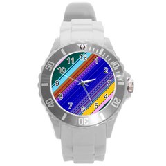 Color Lines Slanting Green Blue Round Plastic Sport Watch (l) by Pakjumat