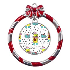 Little Bull Wishes You A Merry Christmas  Metal Red Ribbon Round Ornament by ConteMonfrey