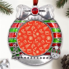 Green Christmas Breakfast   Metal X mas Ribbon With Red Crystal Round Ornament by ConteMonfrey