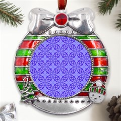 Decor Pattern Blue Curved Line Metal X mas Ribbon With Red Crystal Round Ornament by Hannah976