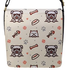 Pug Dog Cat With Bone Fish Bones Paw Prints Ball Seamless Pattern Vector Background Flap Closure Messenger Bag (s) by Bedest