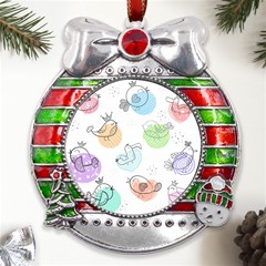 Cartoon Bird Cute Doodle Bird Metal X mas Ribbon With Red Crystal Round Ornament by Bedest