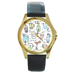 Drinks Cocktails Doodles Coffee Round Gold Metal Watch by Apen