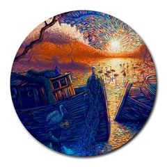 Digital Art Fantasy Impressionism Painting Ship Boat Psychedelic Peacock Mushroom Flamingos Hipwreck Round Mousepad by Sarkoni