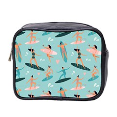 Beach Surfing Surfers With Surfboards Surfer Rides Wave Summer Outdoors Surfboards Seamless Pattern Mini Toiletries Bag (two Sides) by Bedest