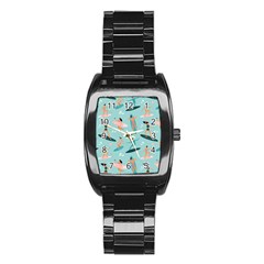 Beach Surfing Surfers With Surfboards Surfer Rides Wave Summer Outdoors Surfboards Seamless Pattern Stainless Steel Barrel Watch by Bedest