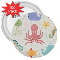 Underwater Seamless Pattern Light Background Funny 3  Buttons (100 Pack)  by Bedest