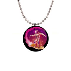 Astronaut Spacesuit Standing Surfboard Surfing Milky Way Stars 1  Button Necklace by Ndabl3x