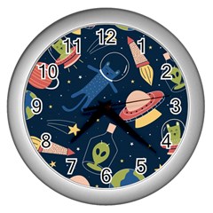 Seamless Pattern With Funny Aliens Cat Galaxy Wall Clock (silver) by Hannah976