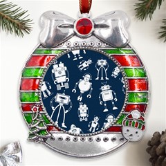 White Robot Blue Seamless Pattern Metal X mas Ribbon With Red Crystal Round Ornament by Hannah976