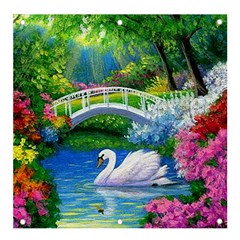 Swan Bird Spring Flowers Trees Lake Pond Landscape Original Aceo Painting Art Banner And Sign 4  X 4  by Ket1n9