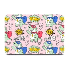 Seamless Pattern With Many Funny Cute Superhero Dinosaurs T-rex Mask Cloak With Comics Style Inscrip Plate Mats by Ket1n9