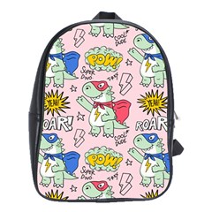 Seamless Pattern With Many Funny Cute Superhero Dinosaurs T-rex Mask Cloak With Comics Style Inscrip School Bag (xl) by Ket1n9