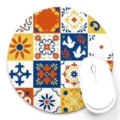 Mexican Talavera Pattern Ceramic Tiles With Flower Leaves Bird Ornaments Traditional Majolica Style Round Mousepad by Ket1n9