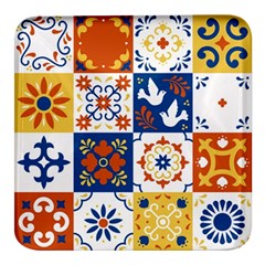 Mexican Talavera Pattern Ceramic Tiles With Flower Leaves Bird Ornaments Traditional Majolica Style Square Glass Fridge Magnet (4 Pack) by Ket1n9