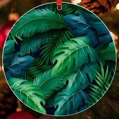 Tropical Green Leaves Background Uv Print Acrylic Ornament Round by Hannah976