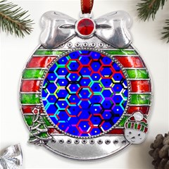 Blue Bee Hive Pattern Metal X mas Ribbon With Red Crystal Round Ornament by Hannah976